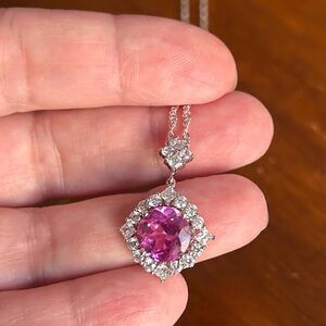 Vibrant Pink Sapphire-Style CZ Halo Pendant - Dainty 20" Silver Chain Necklace